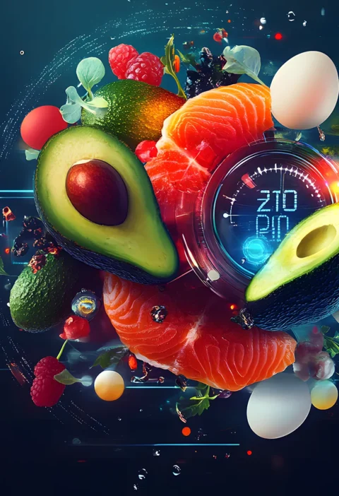 Floating keto foods including avocado, salmon, eggs, berries around digital display showing "210 DIM"