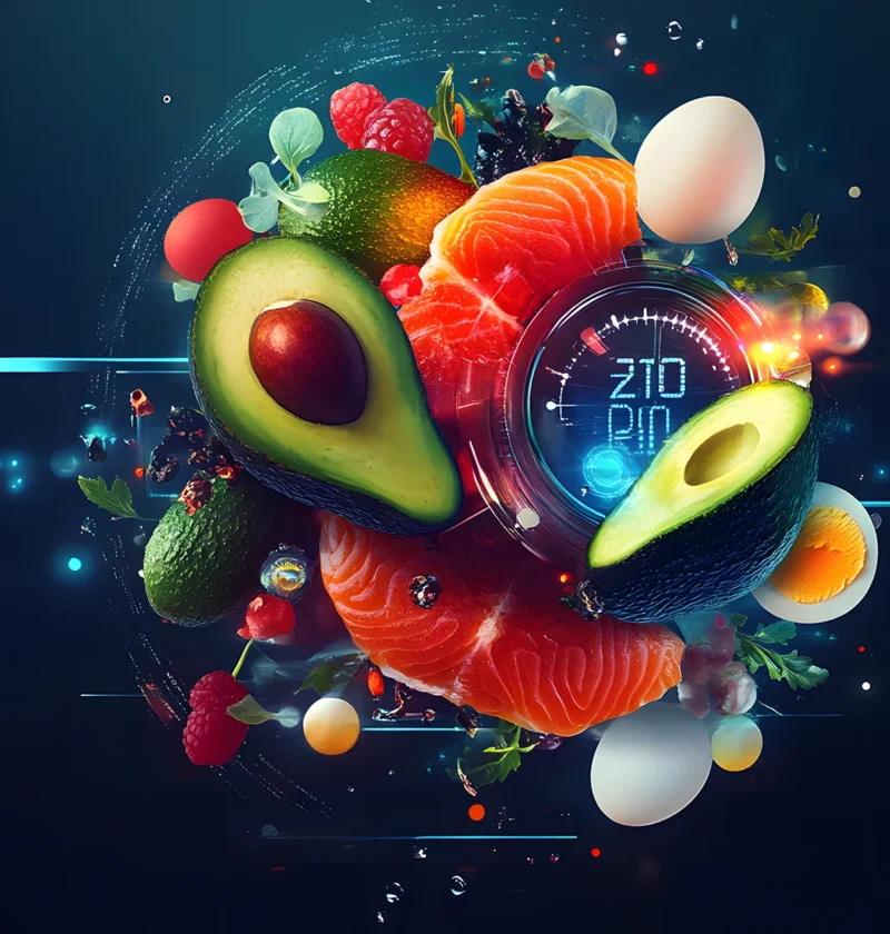 Floating keto foods including avocado, salmon, eggs, berries around digital display showing "210 DIM"