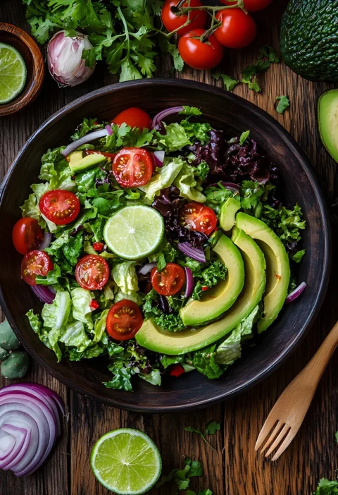 Fresh mixed greens salad with sliced avocado, cherry tomatoes, lime, and red onion