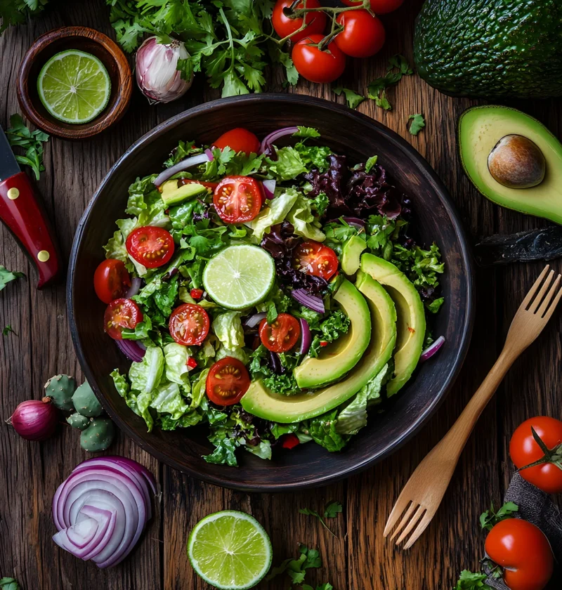 Fresh mixed greens salad with sliced avocado, cherry tomatoes, lime, and red onion