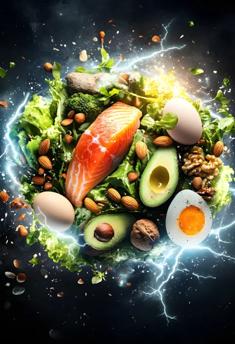 Keto foods including salmon, avocado, eggs, nuts, and greens surrounded by electric energy bolts