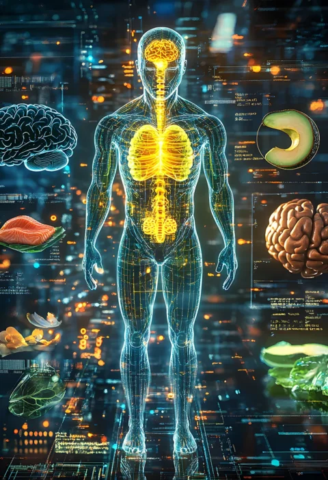 Holographic human body with brain, organs highlighted, surrounded by healthy foods and digital interface