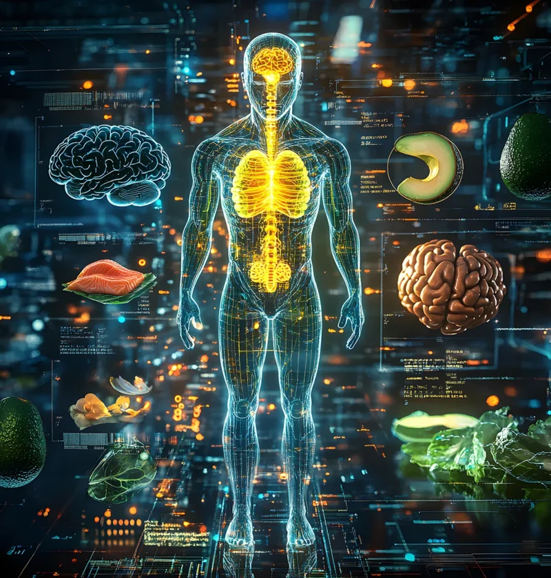 Holographic human body with brain, organs highlighted, surrounded by healthy foods and digital interface