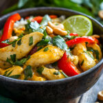 A bowl of Thai Coconut Lime Chicken Stir-Fry with tender chicken in a creamy coconut sauce, garnished with Thai basil, cilantro, and chopped cashews, served alongside vibrant bell peppers.