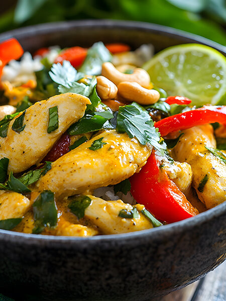 A bowl of Thai Coconut Lime Chicken Stir-Fry with tender chicken in a creamy coconut sauce, garnished with Thai basil, cilantro, and chopped cashews, served alongside vibrant bell peppers.