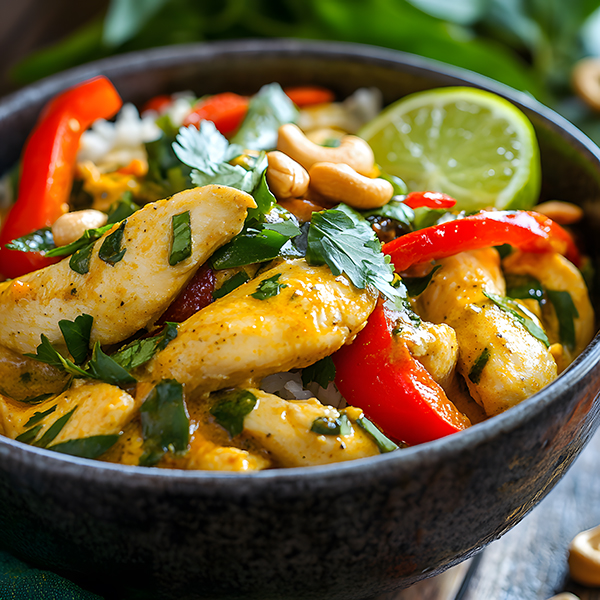 A bowl of Thai Coconut Lime Chicken Stir-Fry with tender chicken in a creamy coconut sauce, garnished with Thai basil, cilantro, and chopped cashews, served alongside vibrant bell peppers.