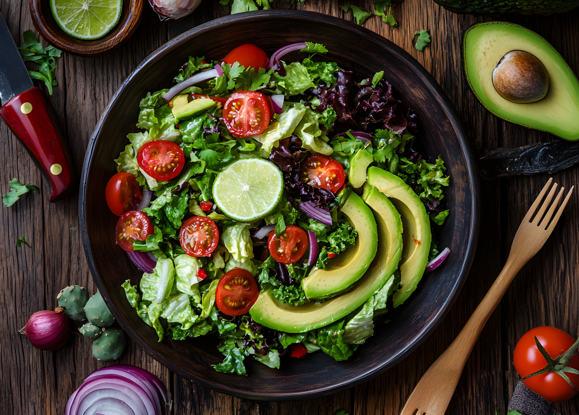 A vibrant salad featuring avocados, tomatoes, and red onion slices, drizzled with fresh lime juice, sits at the center of an antique wooden table. Surrounding it are a wooden spoon, fork, carving knife, and a ceramic plate, along with decorative cactus fillers. The rustic background enhances the rich textures of the wood, fabric, and fresh ingredients, creating a visually appealing composition.