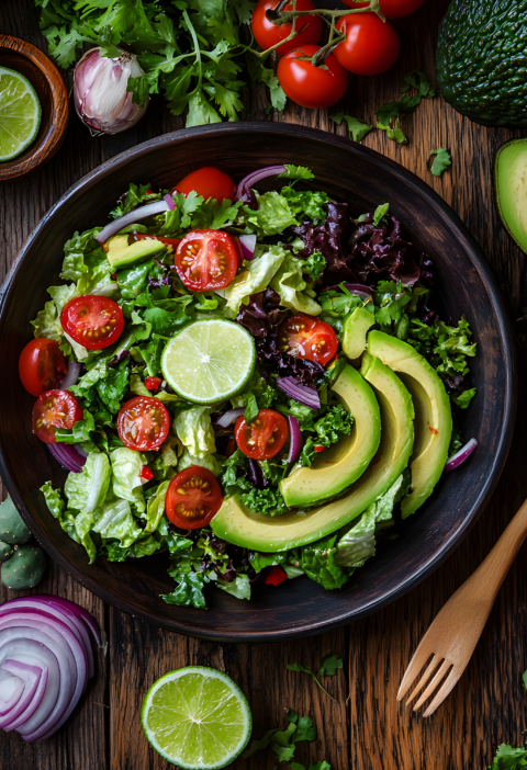 A vibrant salad featuring avocados, tomatoes, and red onion slices, drizzled with fresh lime juice, sits at the center of an antique wooden table. Surrounding it are a wooden spoon, fork, carving knife, and a ceramic plate, along with decorative cactus fillers. The rustic background enhances the rich textures of the wood, fabric, and fresh ingredients, creating a visually appealing composition.