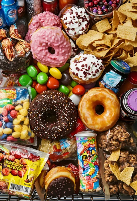 Shopping cart full of processed trigger foods including donuts, candy, chips, and sugary snacks