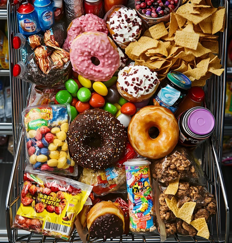 Shopping cart full of processed trigger foods including donuts, candy, chips, and sugary snacks
