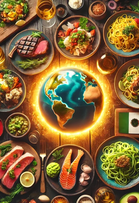 World globe surrounded by international keto dishes, Mexican flags, steak, salmon, zucchini noodles