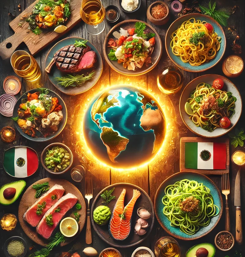 World globe surrounded by international keto dishes, Mexican flags, steak, salmon, zucchini noodles