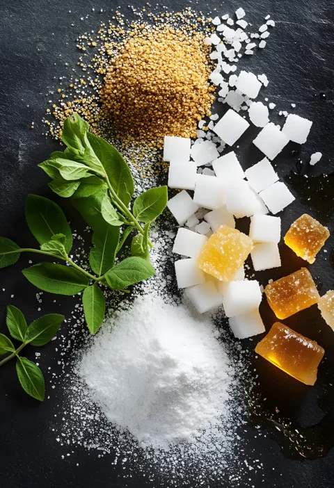 Various natural sweeteners including stevia leaves, sugar cubes, honey, and powdered alternatives on slate