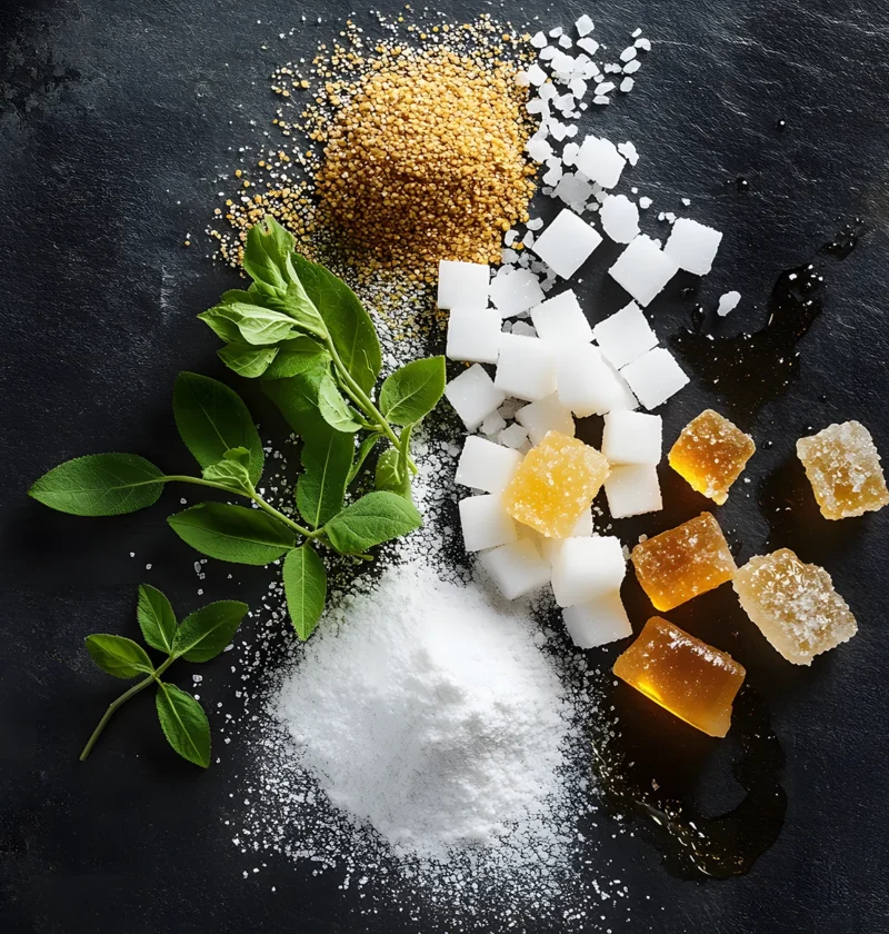 Various natural sweeteners including stevia leaves, sugar cubes, honey, and powdered alternatives on slate