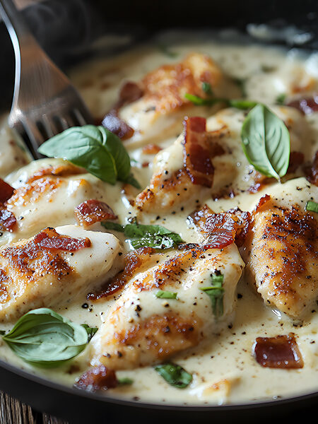 A creamy Alfredo skillet filled with tender, golden-brown chicken strips coated in a thick, cheesy white sauce.