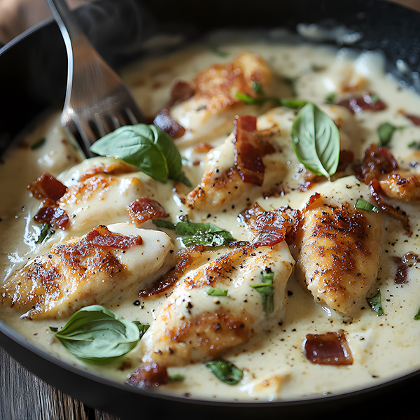 A creamy Alfredo skillet filled with tender, golden-brown chicken strips coated in a thick, cheesy white sauce.