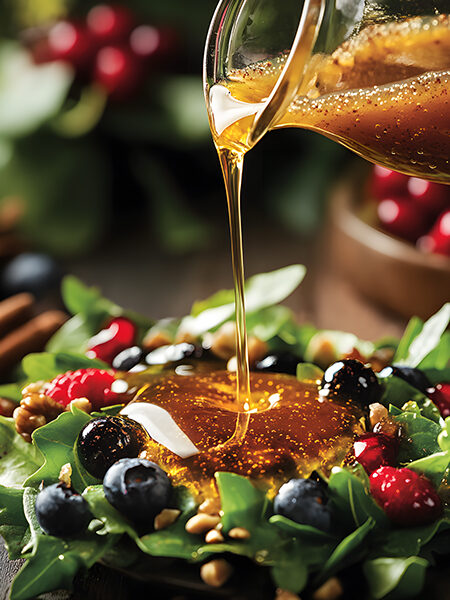 Cinnamon vanilla keto salad dressing with allulose being poured over fresh berries and greens