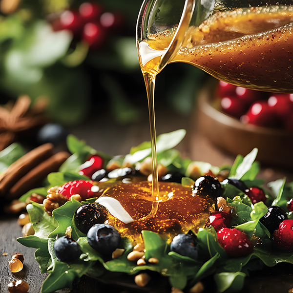 Cinnamon vanilla keto salad dressing with allulose being poured over fresh berries and greens