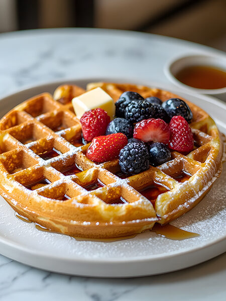 Crispy golden keto chaffle on white plate with butter and berries
