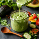 Creamy avocado keto ranch dressing poured over fresh greens with herbs and healthy fats