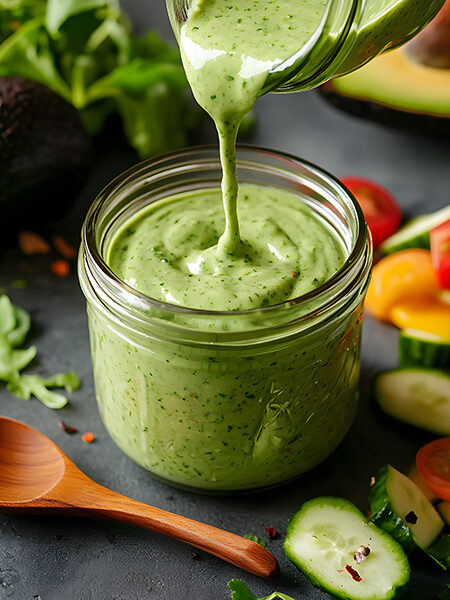 Creamy avocado keto ranch dressing poured over fresh greens with herbs and healthy fats