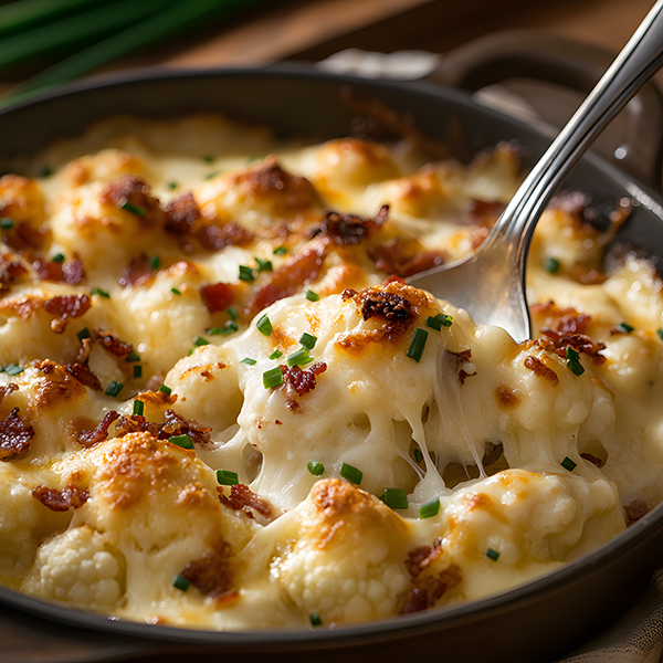 Keto cauliflower gratin with crispy bacon, melted cheese blend, and fresh chives