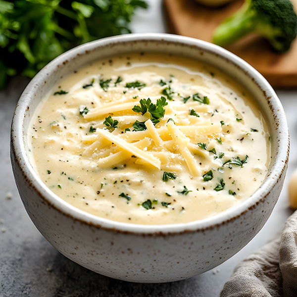 A creamy keto Alfredo sauce in a bowl, garnished with Parmesan and parsley.