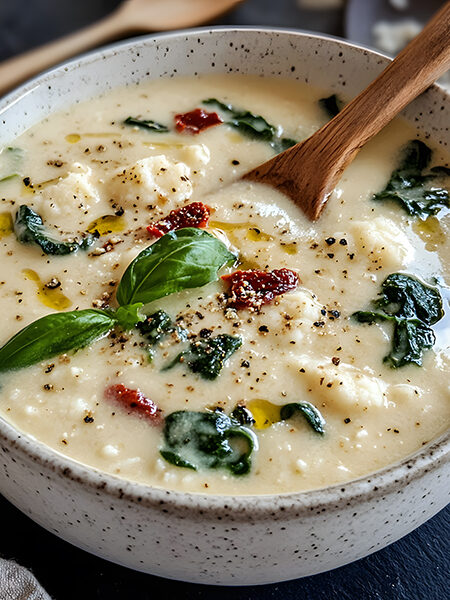 Creamy keto Tuscan cauliflower soup with spinach and sun-dried tomatoes in a white bowl