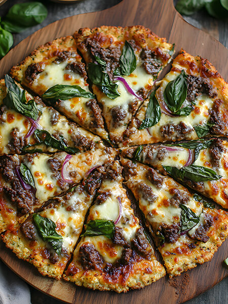 A keto cauliflower crust pizza with fresh mozzarella, grass-fed beef, spinach, and onions.