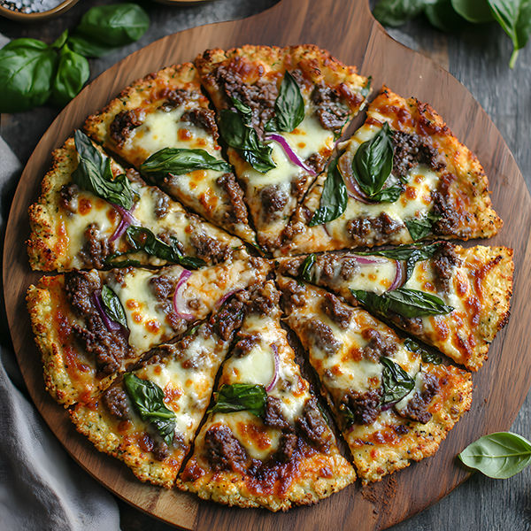 A keto cauliflower crust pizza with fresh mozzarella, grass-fed beef, spinach, and onions.