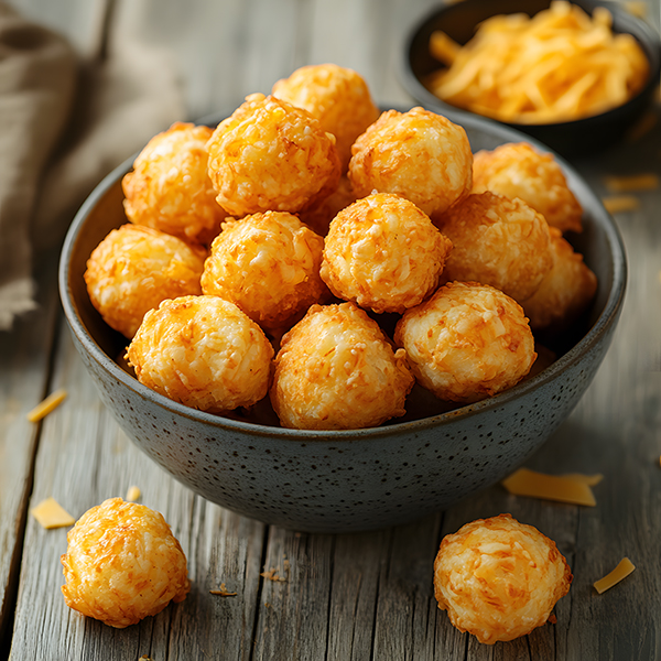 A bowl of golden, crunchy keto cheese puffs on a rustic wooden surface.