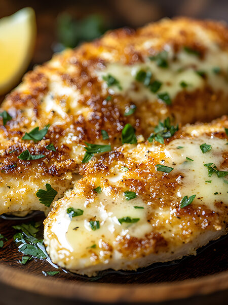 Crispy keto herb-crusted chicken with garlic butter drizzle