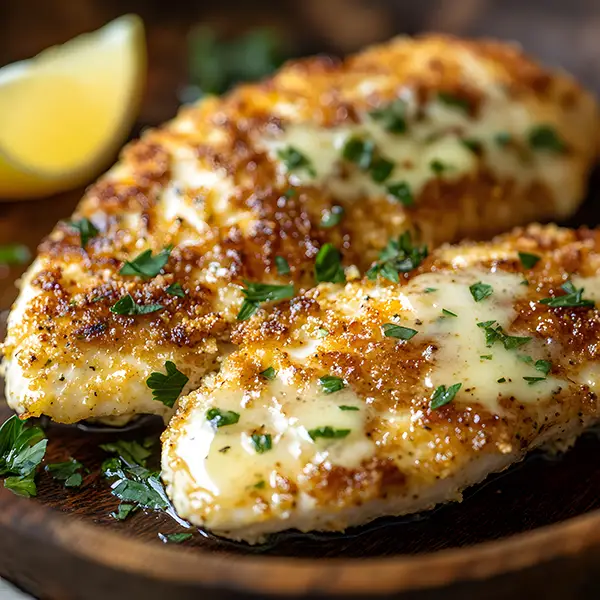 Crispy keto herb-crusted chicken with garlic butter drizzle