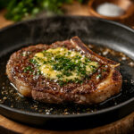 A sizzling ribeye steak topped with golden garlic butter and fresh parsley, served on a rustic cast iron pan