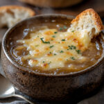 Keto French onion soup with melted cheese and crispy keto bread.