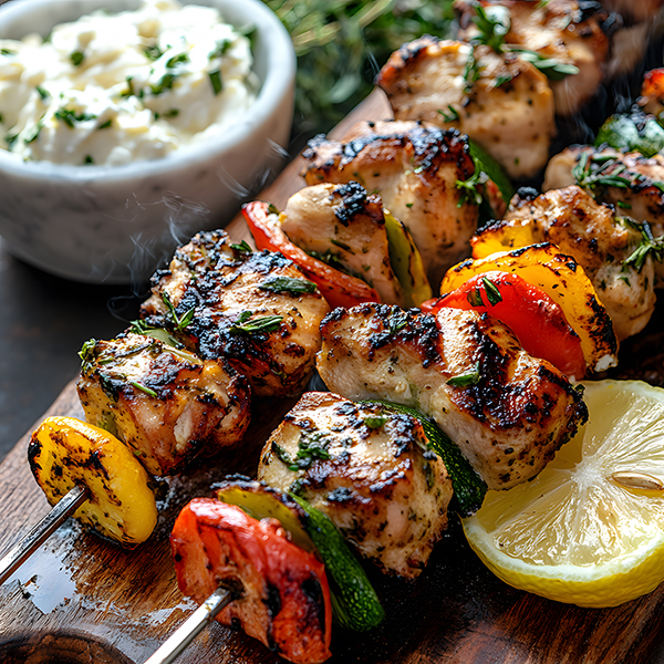 Grilled Mediterranean keto chicken skewers with charred vegetables and whipped feta sauce on rustic wooden board