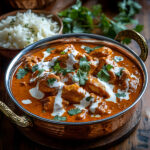 Keto butter chicken with cauliflower rice in a traditional copper bowl garnished with fresh herbs.