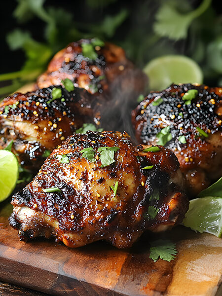 Spicy Jamaican keto jerk chicken thighs with charred skin and fresh herbs