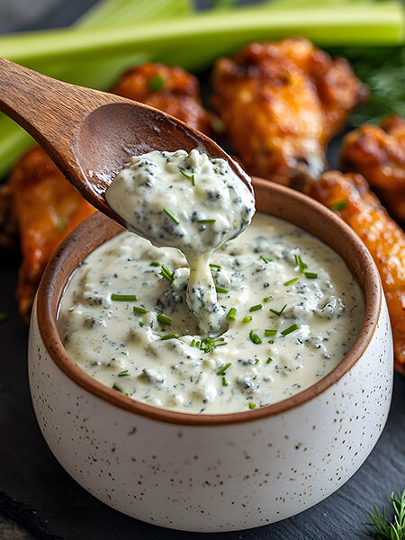 Homemade keto blue cheese dressing with herbs served alongside crispy chicken wings and fresh vegetables