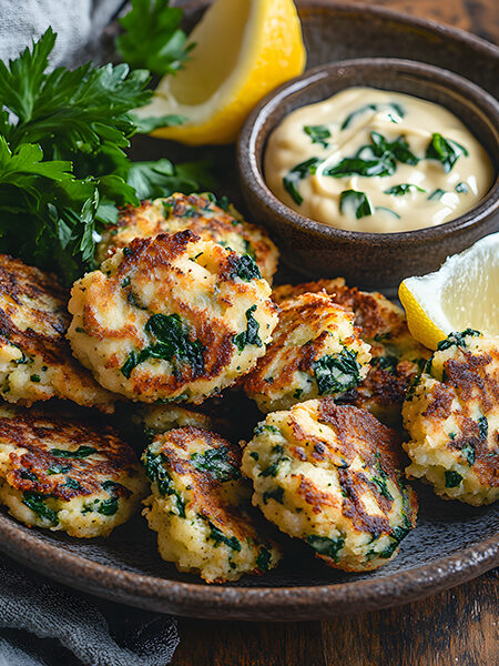 Keto cheesy cauliflower and spinach fritters with garlic aioli