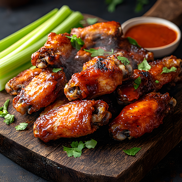 Crispy keto chicken wings with spicy dynamic sauce, served with celery sticks and herbs