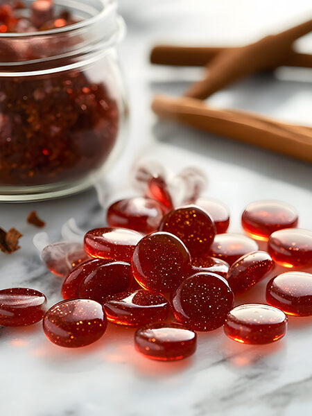 Sugar-free ruby-red keto cinnamon hard candies with warming spices on marble surface