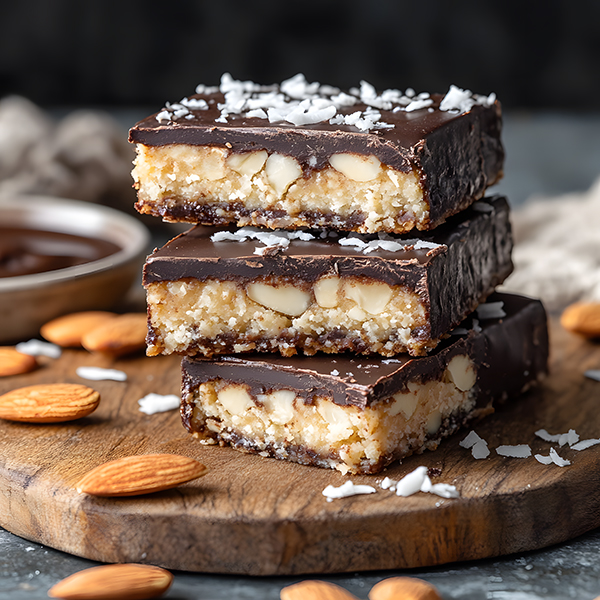 Dark chocolate-coated keto coconut almond bars on a wooden board.
