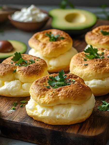 Homemade keto cottage cheese cloud bread with delicate texture on wooden serving board with herbs and avocado garnish