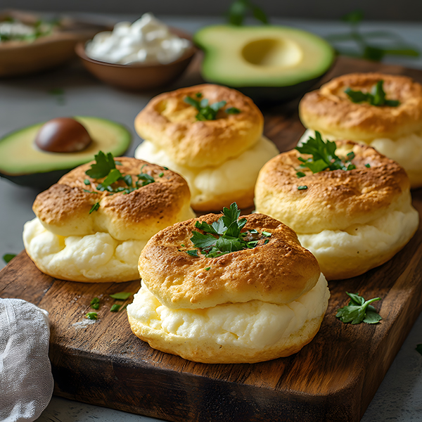 Homemade keto cottage cheese cloud bread with delicate texture on wooden serving board with herbs and avocado garnish