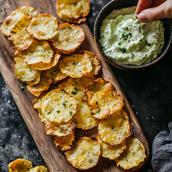 Homemade keto cottage cheese chips arranged on a wooden serving board with avocado dip