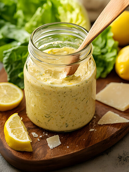 Creamy keto Caesar dressing in a glass jar with Parmesan and lemon on a wooden board.