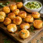 Golden, crispy keto cheese bites on a rustic board with dips.