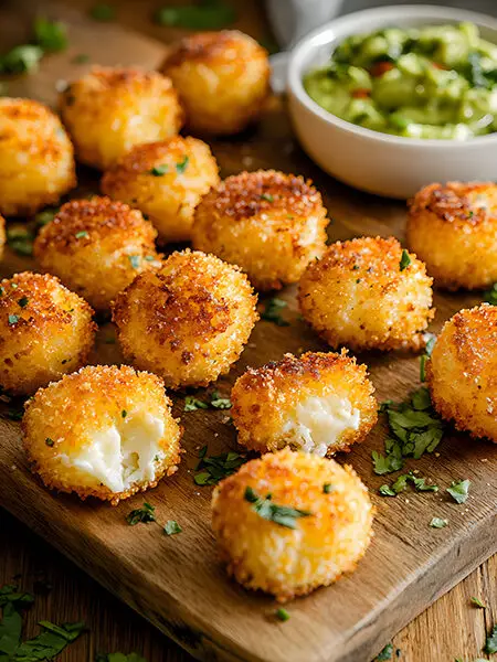 Golden, crispy keto cheese bites on a rustic board with dips.