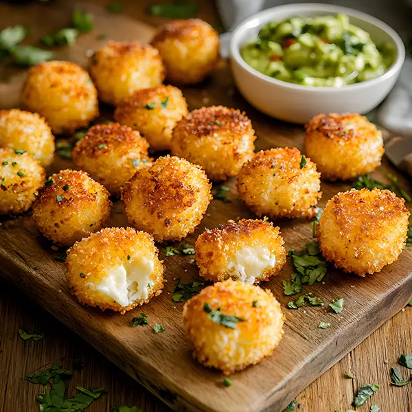 Golden, crispy keto cheese bites on a rustic board with dips.